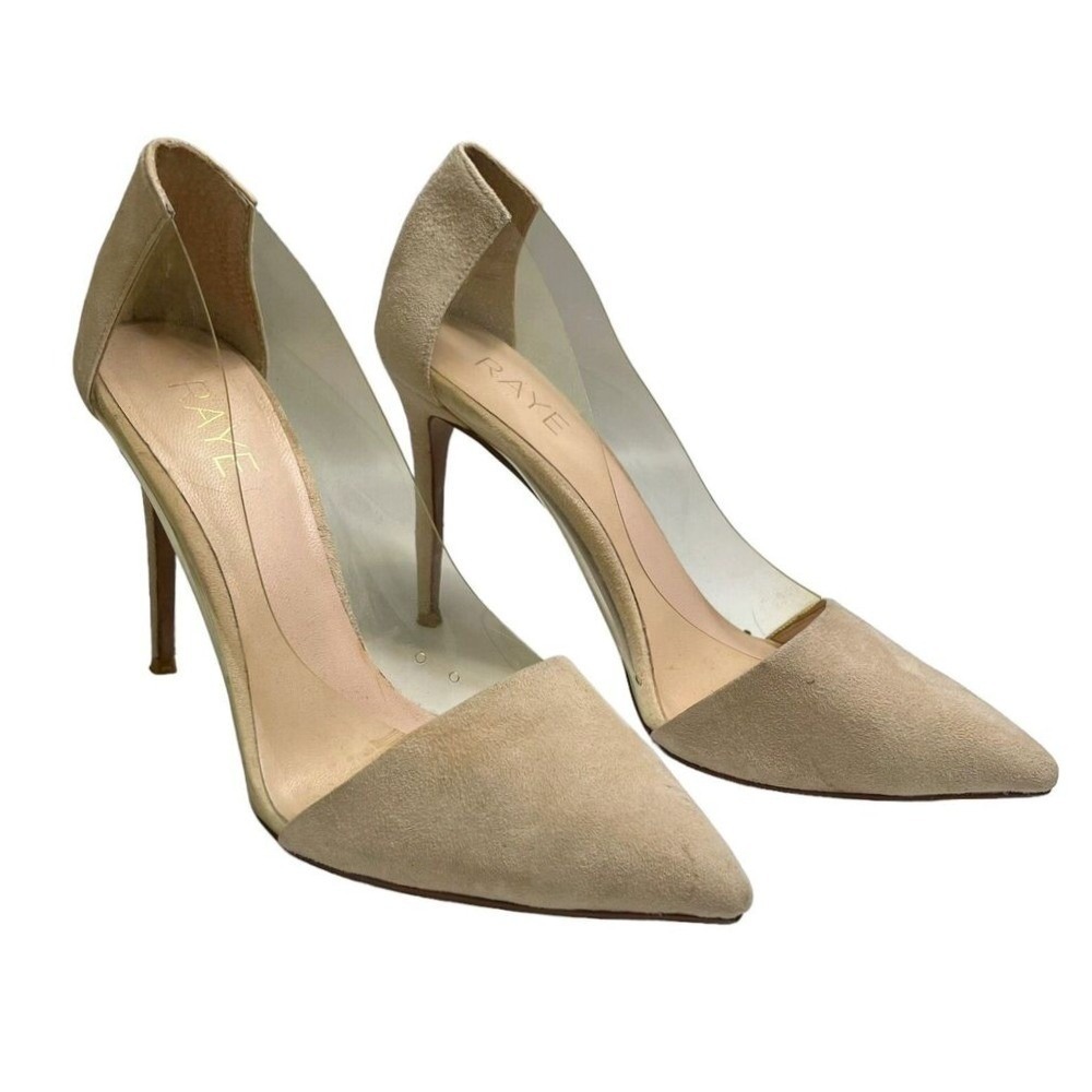 Raye Revolve Stiletto Heels Women's 9 Neutral Suede PVC Pointed Toe Sleek